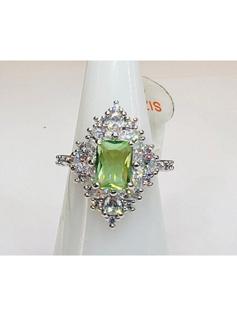 Ring Bomb Party Ring size 6  green gemstone silver color band